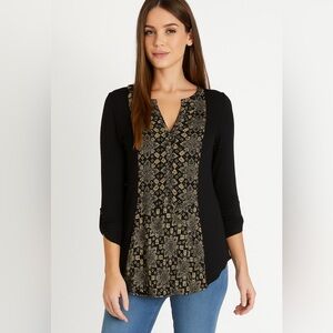 Lucky Brand Black & Gold Boho Print Tunic Top Size M – Long Sleeve V-Neck Blouse